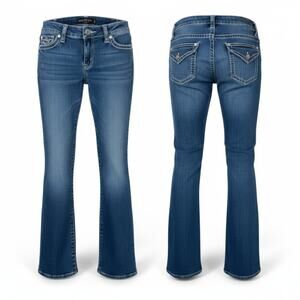 VTG Y2k Bling Low Rise Bootcut Jeans Paisley Sky 4 Stretch Cowgirl Boho Western